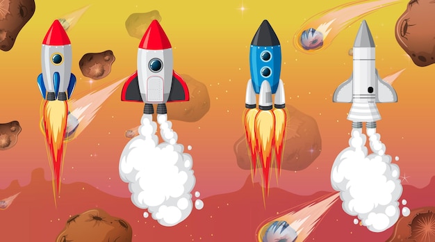 Set of different rocket and spaceship in space background