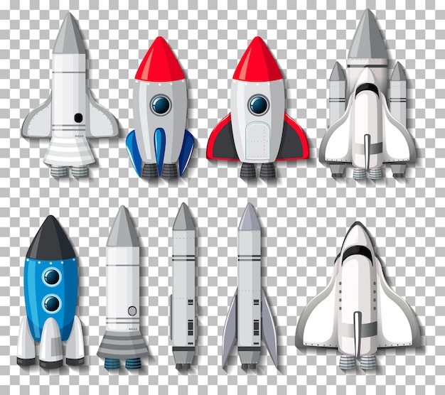 Free Vector set of different rocket and spaceship on transparent background