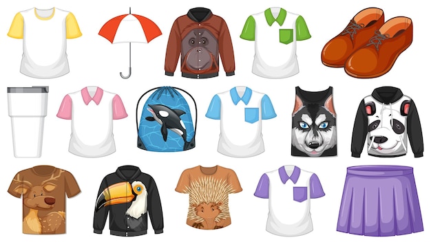 Set of different shirts and accessories with animal patterns