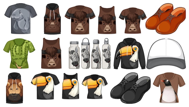 Set of different shirts and accessories with animal patterns