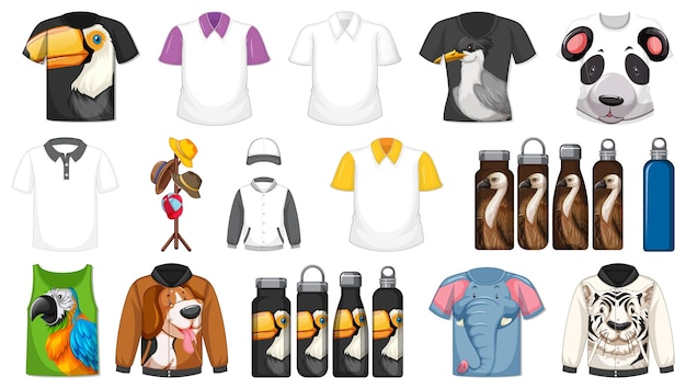 Free Vector set of different shirts and accessories with animal patterns