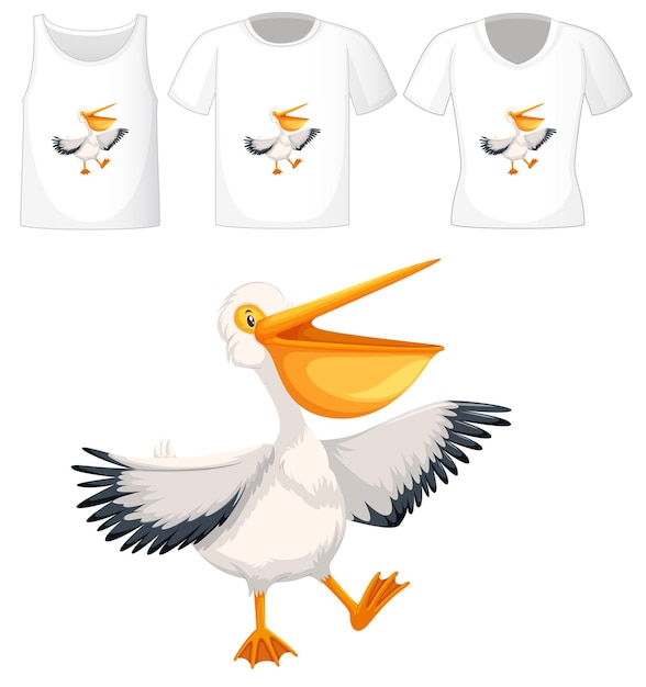 Free Vector set of different shirts with brown pelican cartoon character isolated on white background