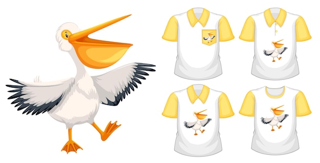 Free Vector set of different shirts with brown pelican cartoon character isolated on white background