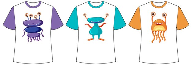 Free Vector set of different shirts with cute monsters or aliens