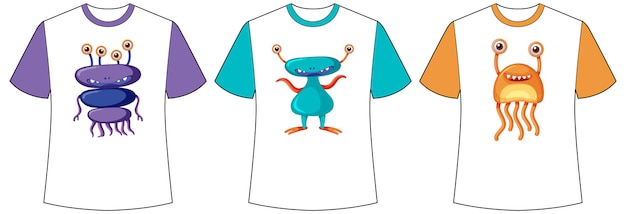 Set of different shirts with cute monsters or aliens