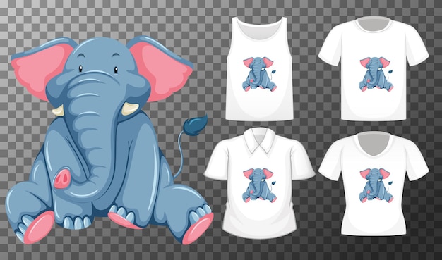 Set of different shirts with elephant cartoon character isolated on transparent background