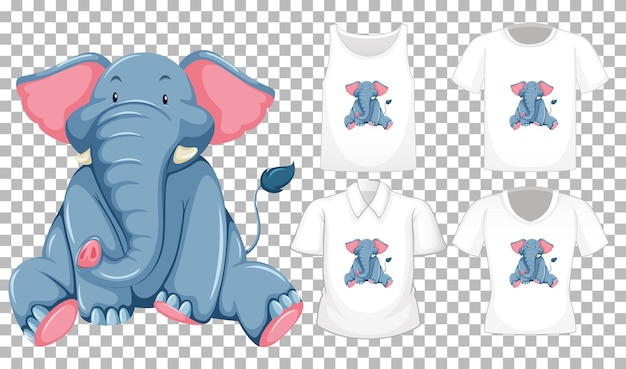 Free Vector set of different shirts with elephant cartoon character isolated on transparent background