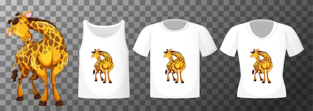 Free Vector set of different shirts with giraffe cartoon character isolated on transparent background