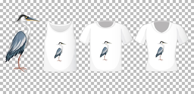 Free Vector set of different shirts with great blue heron cartoon character isolated on transparent background