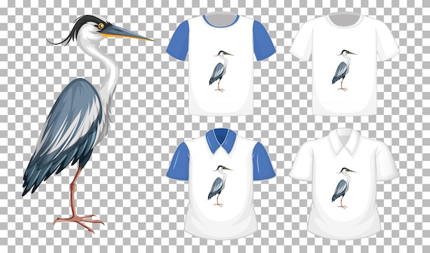 Set of different shirts with great blue heron cartoon character isolated on transparent background