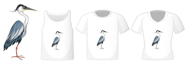 Free Vector set of different shirts with great blue heron cartoon character isolated on white