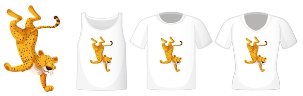 Free Vector set of different shirts with leopard dancing cartoon character isolated on white background