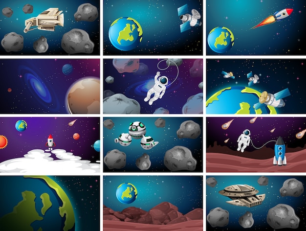 Set of different space scenes background