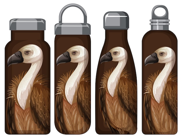 Set of different thermos bottles with vulture pattern