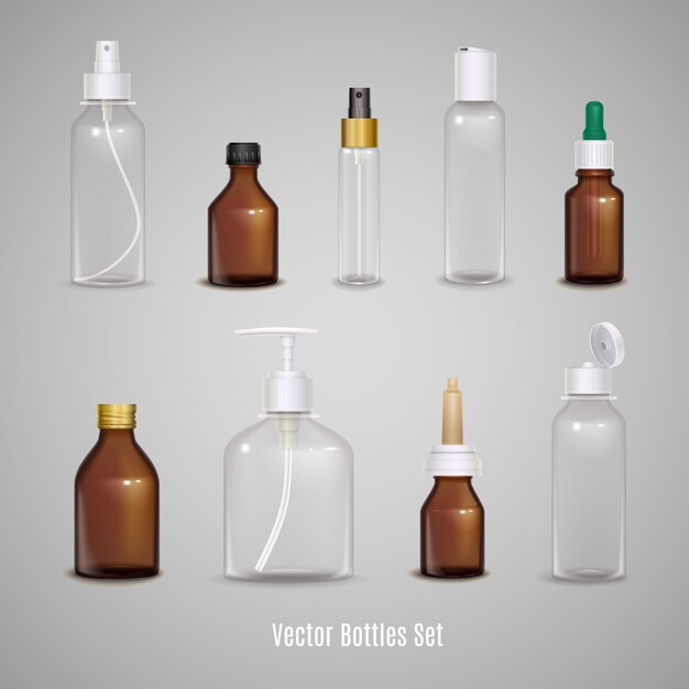 Set of different transparent empty bottles 