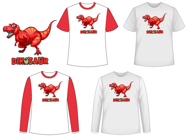 Free Vector set of different types of shirt in dinosaur theme with dinosaur logo