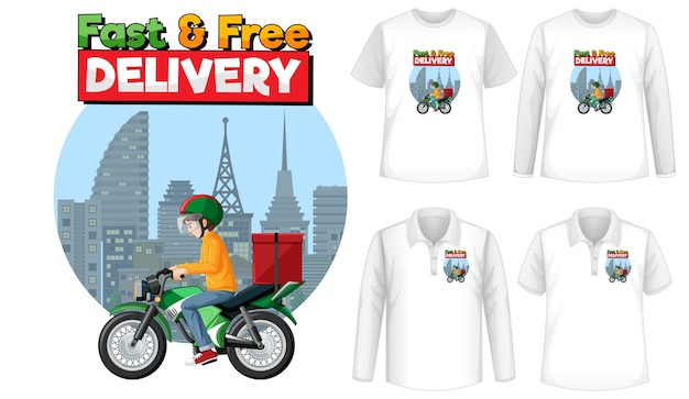 Free Vector set of different types of shirts with fast and free delivery logo screen on shirts