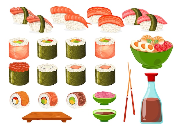 Free Vector set of different types of sushi and rolls cartoon illustration