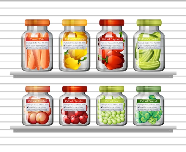 Free Vector set of different vegetables in different jars and canned foods on wall shelves