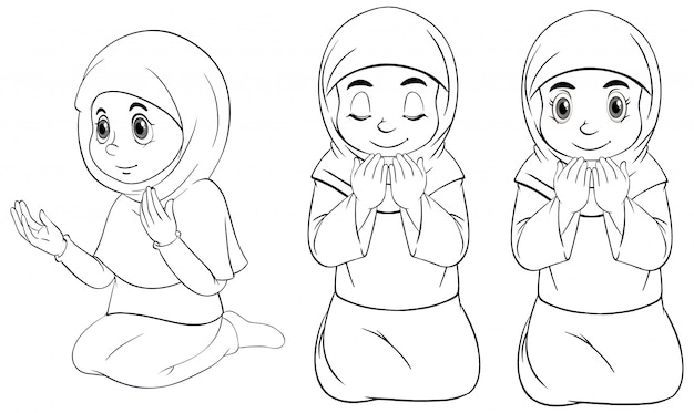 Set of differnt praying position arab muslim girl in traditional clothing outline