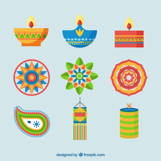 Set of diwali elements in flat design