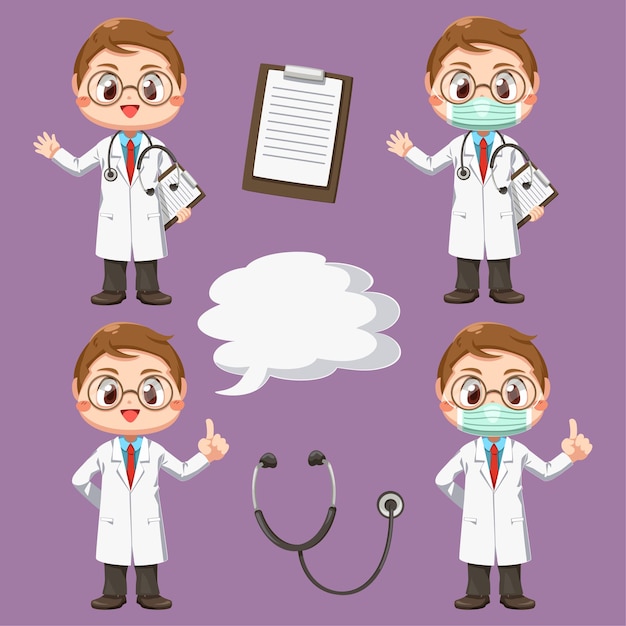 Free Vector set of doctor with stethoscope in cartoon character, isolated flat illustration