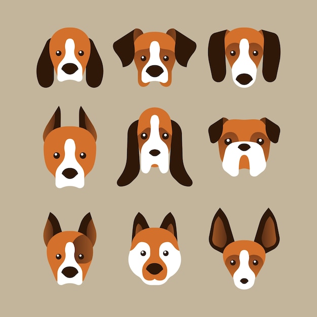 Free vector a set of dog face variants in flat style