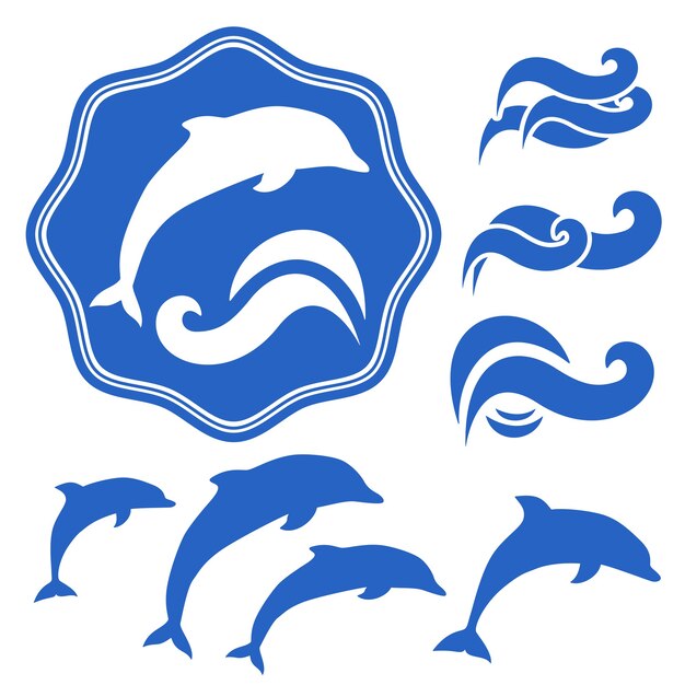 Set of Dolphins silhouettes. Blue waves on White