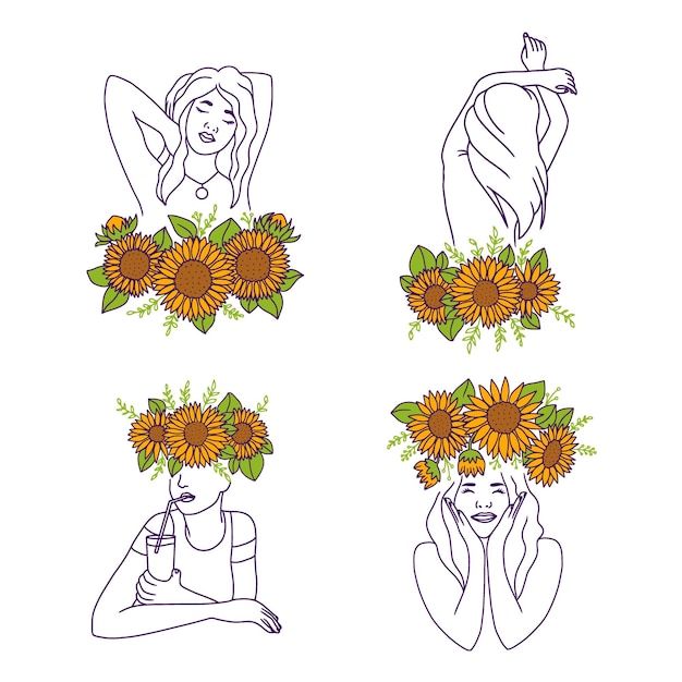 A set doodle sunflowers and women The flowers girls in line art style