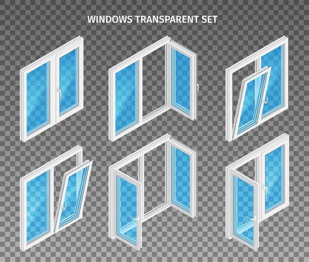 Set of double and three leaf plastic windows with opened and closed casements