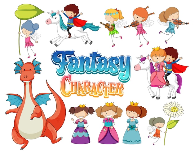 Set of dragons and fairy tale cartoon characters