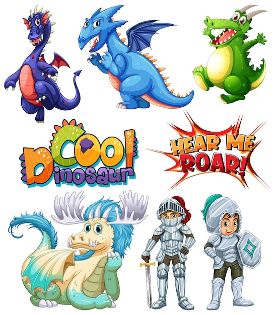 Set of dragons and fairy tale cartoon characters