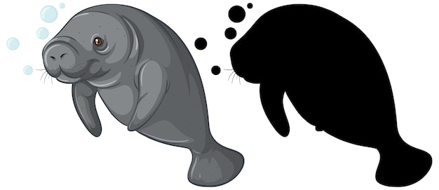 Free Vector set of dugong characters and its silhouette on white 