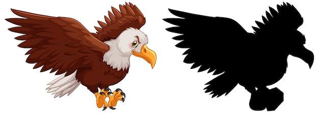 Set of eagle characters and its silhouette on white