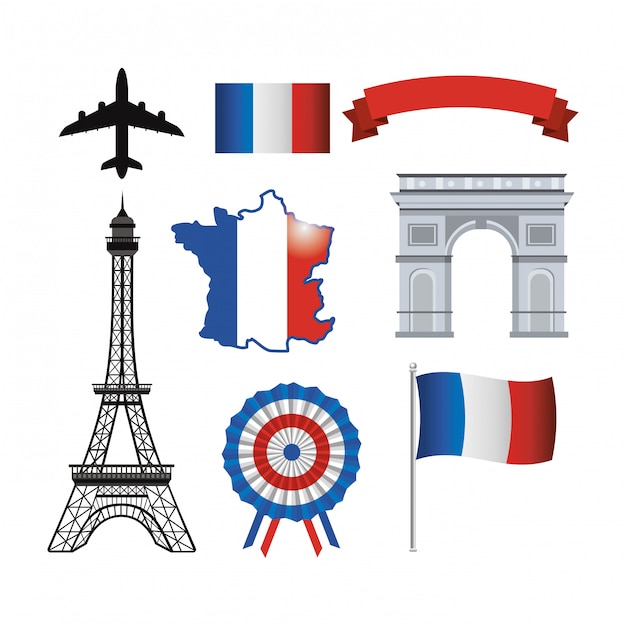 Set of eiffel tower and france flag with ribbon