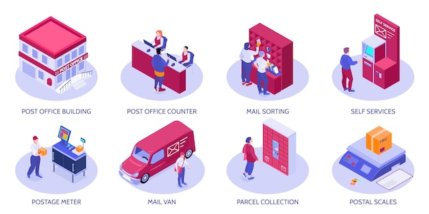 Free Vector set of eight isolated isometric post office compositions with text captions and icons of postal services vector illustration