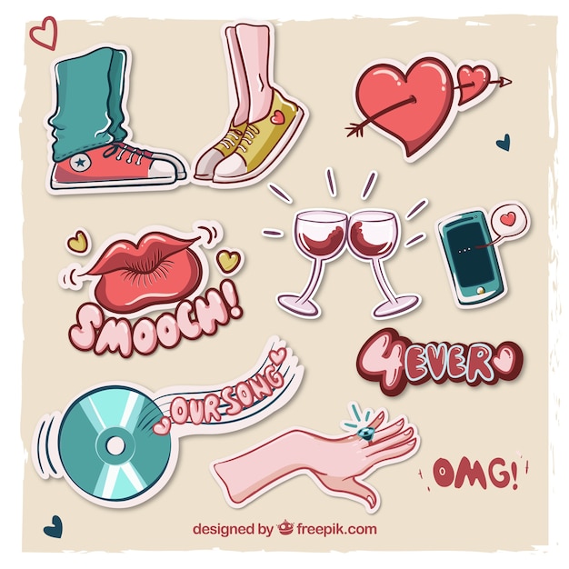 Free Vector set of eighty romantic hand drawn stickers