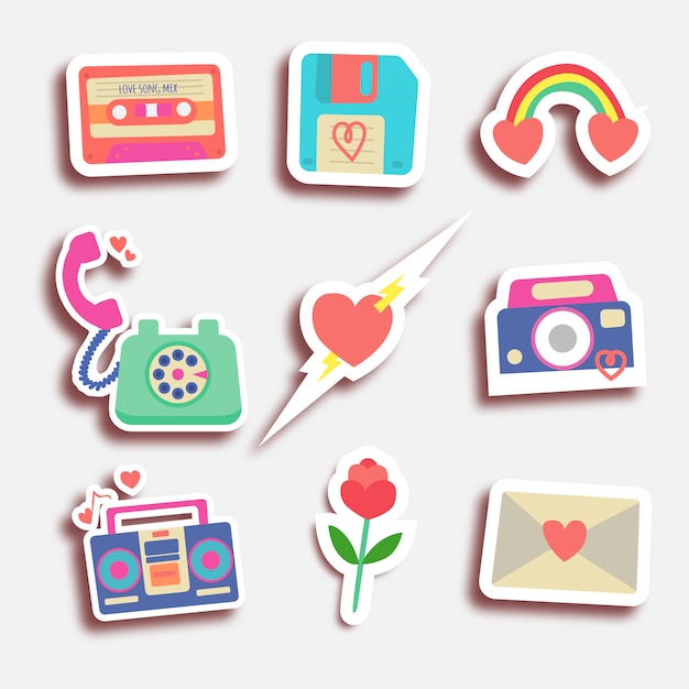 Free Vector set of eighty valentine stickers