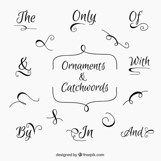 Set of elegant hand written carchwords with ornaments