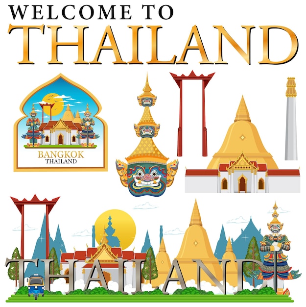 Free Vector set of elements about thailand tourist attraction