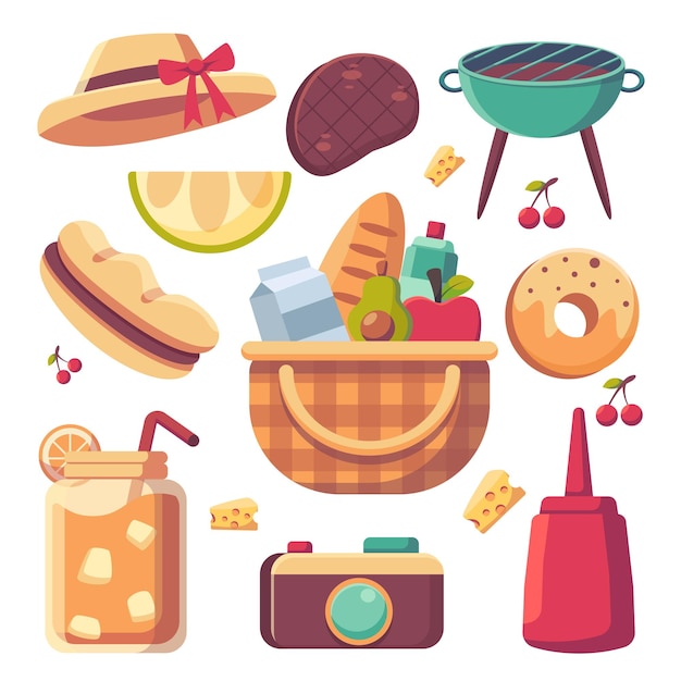 Set of elements for Summer Barbecue picnic delicious meals and snacks for outdoor dining on nature Set of vector cartoon elements for outdoor recreation