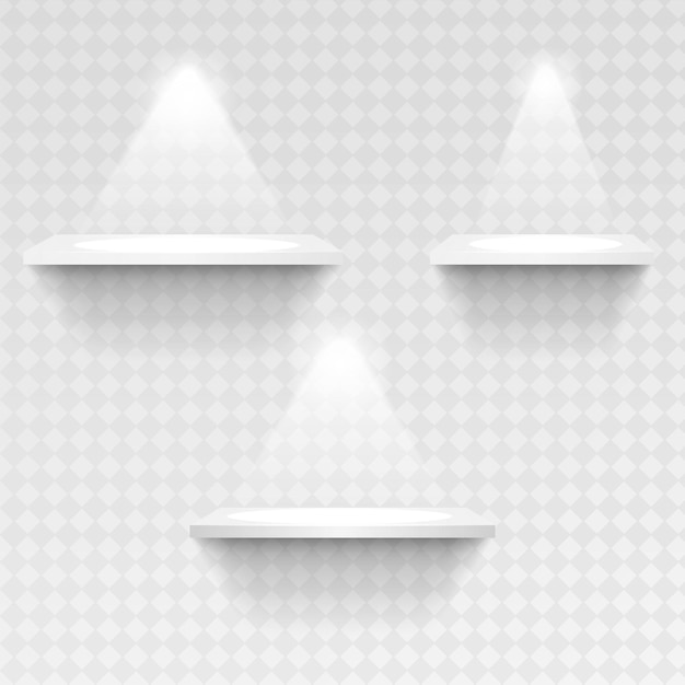 Set of empty white shelves isolated on transparent background Vector design elements