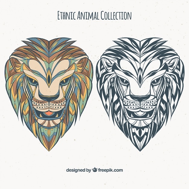 Free vector set of ethnic lions in color and black and white