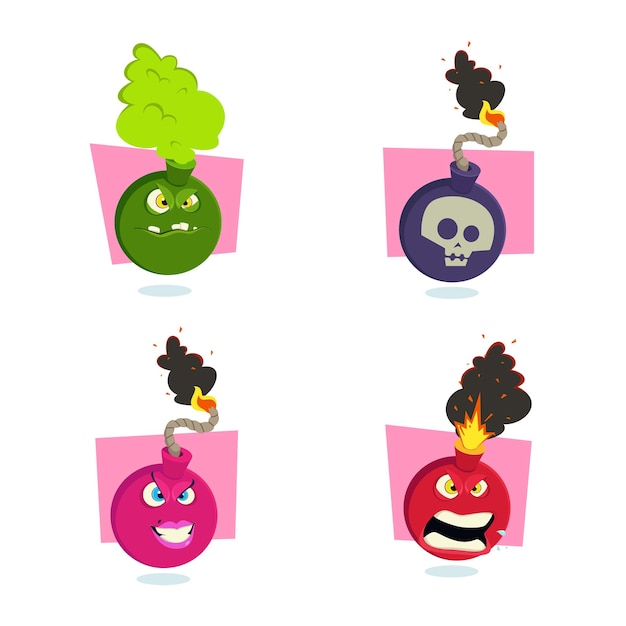 Free Vector set of evil cartoon bomb with burning wick and face being angry