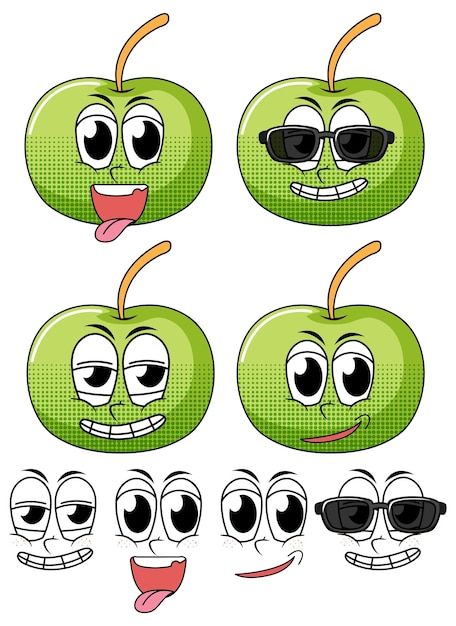 Free vector set of facial expression vintage style cartoon with apple on whi