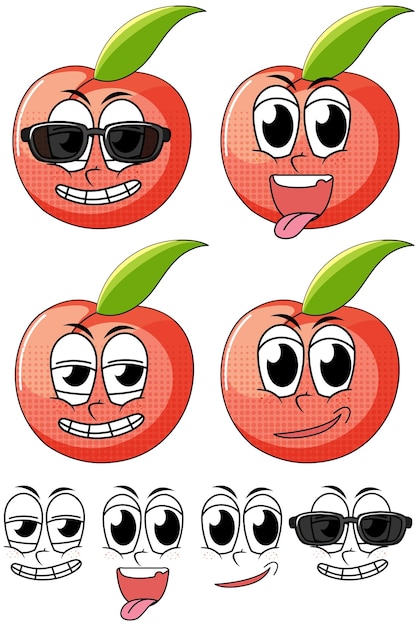 Free vector set of facial expression vintage style cartoon with peach on whi