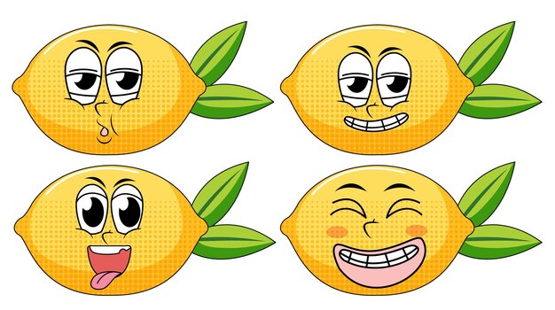 Free vector set of facial expression vintage style lemon cartoon on white ba