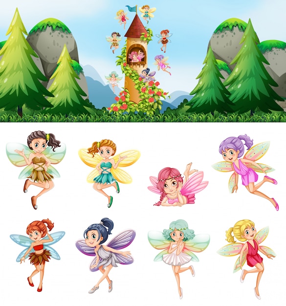 Set of fairies in nature