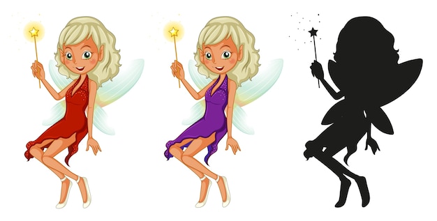 Set of fairy characters and its silhouette on white background