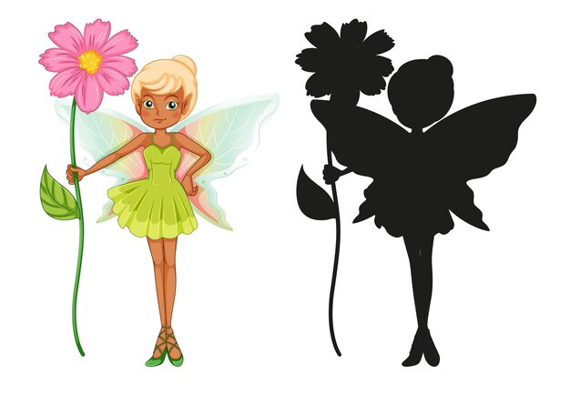 Set of fairy characters and its silhouette